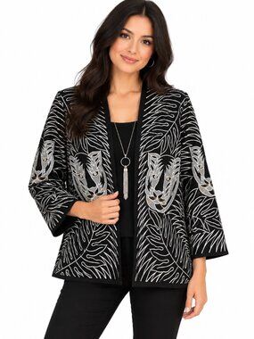 Unique Thai Silk Embroidered Tiger Jacket, Black & White Open Front Size XL